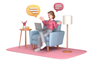 3d business woman executive pose sitting with laptop thinking about idea isolated on transparent background, 3d rendering png