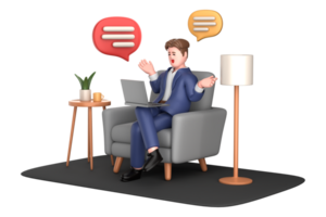 3d businessman executive pose sitting with laptop thinking about idea isolated on transparent background, 3d rendering png