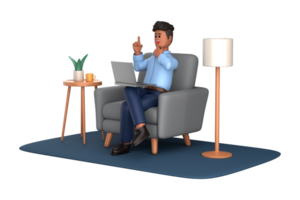 3d businessman executive pose sitting with laptop thinking about idea isolated on transparent background, 3d rendering png