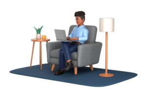 3d businessman executive pose sitting with laptop thinking about idea isolated on transparent background, 3d rendering png