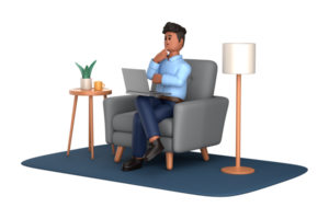 3d empresario ejecutivo actitud sentado con ordenador portátil pensando acerca de idea aislado en transparente fondo, 3d representación png