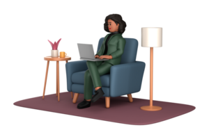 3d black business woman executive wearing green suit pose sitting with laptop thinking about idea isolated on transparent background, 3d rendering png