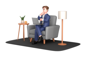 3d homem de negocios executivo pose sentado com computador portátil pensando sobre idéia isolado em transparente fundo, 3d Renderização png