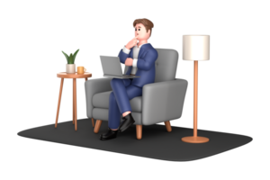 3d businessman executive pose sitting with laptop thinking about idea isolated on transparent background, 3d rendering png