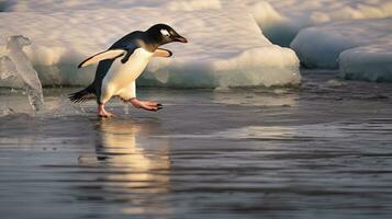 adelie pingüinos saltar dentro el Oceano desde un iceberg. generativo ai foto