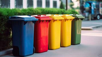 Yellow, Green, Blue and Red recycle bins with recycle symbol in public. Generative Ai photo