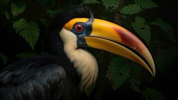 A Great Hornbill, also known as the great Indian hornbill or great pied hornbill, is one of the larger members of the hornbill family. Generative Ai photo