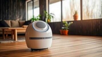 Air purifier on wooden floor in comfortable home. Fresh air and healthy life. Air Pollution Concept. Generative ai photo