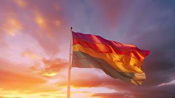 Rainbow gay flag on sky at sunset. Rainbow gay flag. Generative Ai photo