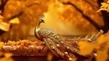 A gold feather peacock bird on golden leaves tree, idea for prosperity and power symbol. Generative Ai photo