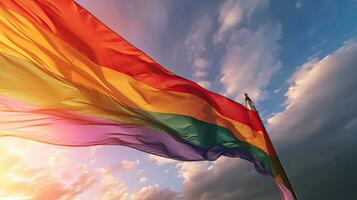 arco iris gay bandera en cielo a puesta de sol. arco iris gay bandera. generativo ai foto