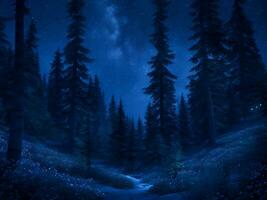 Mystical Moonlit Forest  Serene Nature Night Background, Ai Generative photo