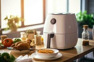 air fryer appliance is on white marble table in nice interior design kitchen dinning room of house. Generative Ai photo