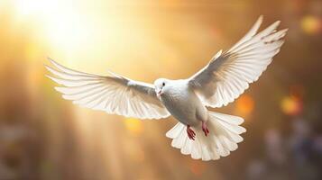 A white dove on bright light shines from heaven background. Symbol of love and peace descends from sky. Generative Ai photo