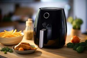 Air fryer oil free, a black air fryer or oil free fryer appliance is on the wooden table in the kitchen at home. Generative Ai photo