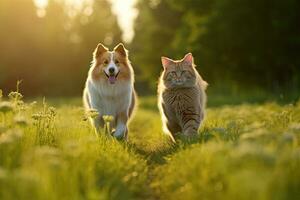 Cheerful of furry friends cat and dog walking in a summer meadow. Generative Ai photo