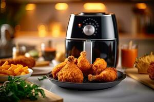 Air fryer with fried breaded chicken on the table in the kitchen. Generative Ai photo