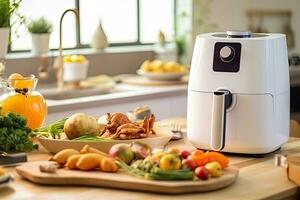 air fryer appliance is on white marble table in nice interior design kitchen dinning room of house. Generative Ai photo