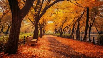 otoño bosque camino. naranja color árbol, rojo marrón arce hojas en otoño ciudad parque. generativo ai foto