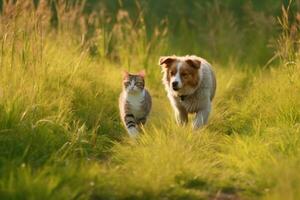 Furry friends cat and dog walking in a summer meadow. Generative Ai photo