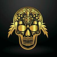 dorado cráneo con intrincado diseños en negro antecedentes vector