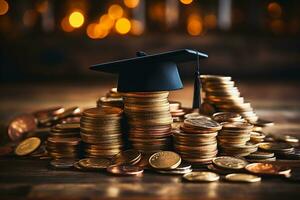 Graduation hat on coins - education or scholarship savings concept AI Generated photo