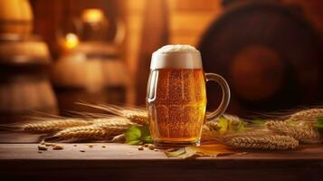 Beer Mug with wheat and hops in the brewery. oak barrel background. Generative AI photo