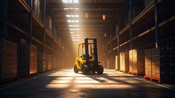 Forklift lifting product pallets in large warehouse. Generative Ai photo
