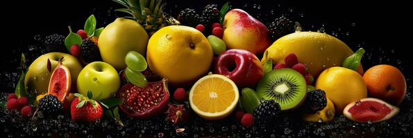Assortment of Fresh fruits mixed.Tasty fruits background. Fresh fruits. Wide banner. Generative AI photo