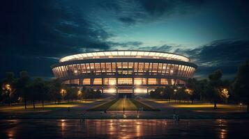 Football Arena. Sports stadium with lights background. Generative Ai photo