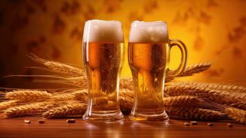 Draught beer craft in glasses on gold background. Generative AI photo