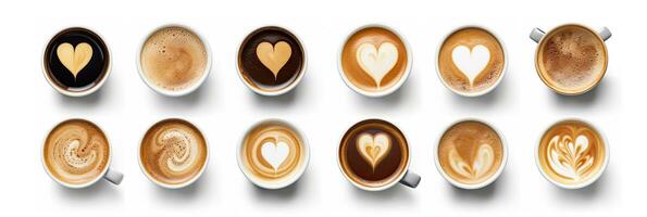 Top view, coffee cup assortment with heart sign top view collection isolated isolated on white background. Generative ai photo