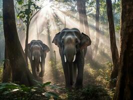 Thai elephants in the forest. Generative Ai. photo