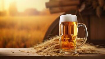 Beer Mug with on wooden floor, wheat field background. Generative AI photo