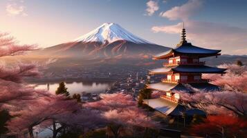 Mount Fuji and Chureito pagoda at sunset, japan in the spring with cherry blossoms. Mountain Fuji. Generetive Ai photo