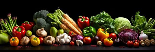 Assortment of fresh vegetables. Food background with assortment of fresh organic vegetables. Fresh vegetables. wide banner. Generative AI photo