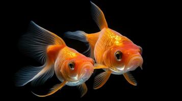 Two goldfish on black background. Generative Ai photo