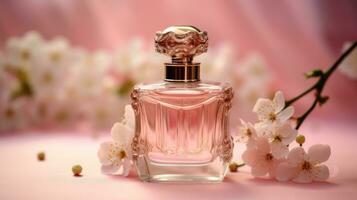 Bottle of perfume with flowers on a pink floral background. Perfumery collection. Genaretive Ai photo