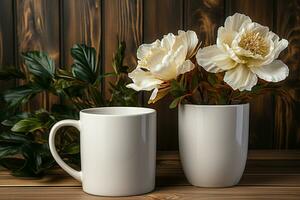 Two white mugs, peony, wooden background, boho-style wedding mockup AI Generated photo