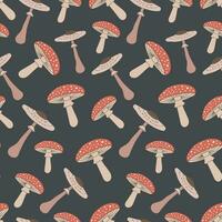 Autumn seamless pattern with fly agaric and mushroom parasol on a dark background. Fabric, packaging, background design. Vector image