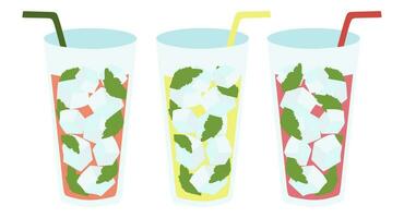 conjunto de verano limonada. dibujos animados vector ilustración con paja, hielo cubitos, menta y frutas en vaso. refrescante frío beber. gráfico para póster, bandera, volantes, cóctel fiesta. Fresco y jugoso bebida.