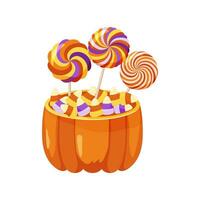 Lollipops in a Halloween pumpkin bowl with candy corn. Lollipop in a basket. Halloween sweets, Holiday treats. Vector illustration.