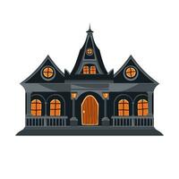 Spooky gray halloween house with lanterns at the entrance, orange windows and front door. Cartoon architecture in flat style. Vector illustration.