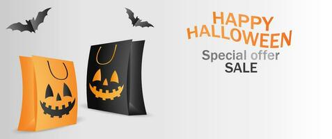 Horizontal wide banner, mockup, template for Halloween sale and advertising with place for text, copy space. With gift bag and bats. vector