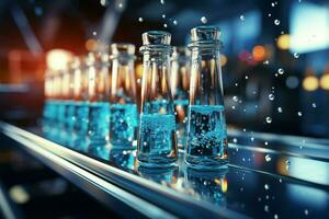 Science lab scene with a pipette dispensing blue chemical into glass test tubes AI Generated photo