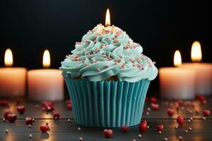 Valentines Day cupcake with a single blue candle, heart shaped frosting, and love AI Generated photo