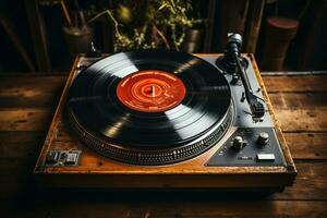 Flat lay of player and vinyl records on textured wood surface AI Generated photo