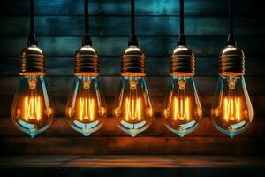 Retro light bulbs, teamwork - innovation, leadership - wooden backdrop AI Generated photo