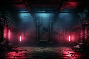 Cyberpunk vibe, Neon, smoke, concrete in empty brick room AI Generated photo