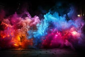 Technicolor fog display, Colorful smoke on black, brick wall, neon light AI Generated photo